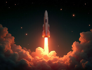 Fototapeta premium Space rocket launch, ship. Spaceship takes off in the starry sky. Rocket space ship