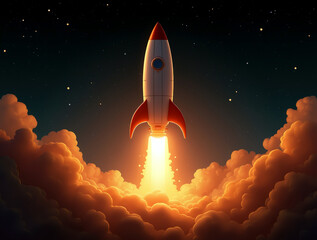 Space rocket launch, ship. Spaceship takes off in the starry sky. Rocket space ship