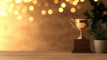 A desk with a shining trophy surrounded by golden light, symbolizing recognition and achievement Boss s Day, appreciation