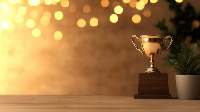 A desk with a shining trophy surrounded by golden light, symbolizing recognition and achievement Boss s Day, appreciation
