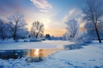 Snow-covered trees by a frozen river at sunrise. Winter landscape with serene and peaceful atmosphere.