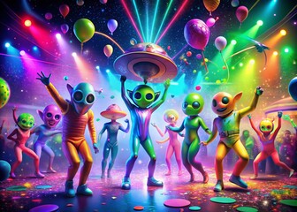 A vibrant, extraterrestrial party scene with colorful aliens laughing, dancing, and having intergalactic fun with