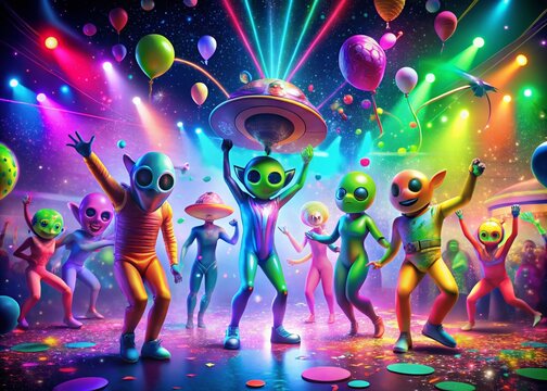 A vibrant, extraterrestrial party scene with colorful aliens laughing, dancing, and having intergalactic fun with