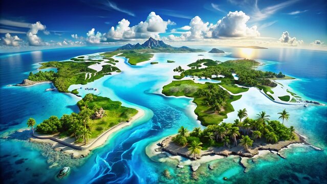 A vibrant, detailed illustration of the world map highlighting the remote island of Bora Bora in the South