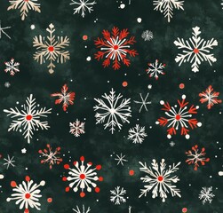 Colorful snowflakes create a festive pattern on a dark green background perfect for winter decor
