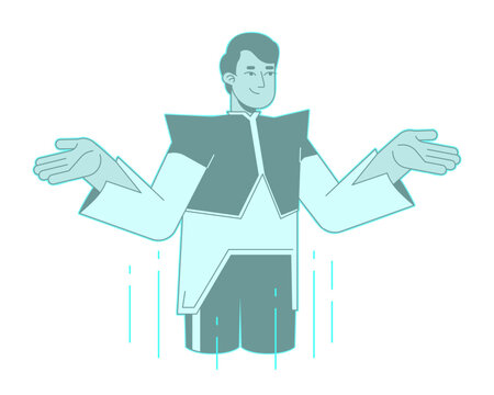 recommend clip art: Futuristic guy hologram shrugging shoulders black and white 2D line character. Holographic man arms outstretched isolated vector outline person. Digital virtual male. Monochromatic spot illustration