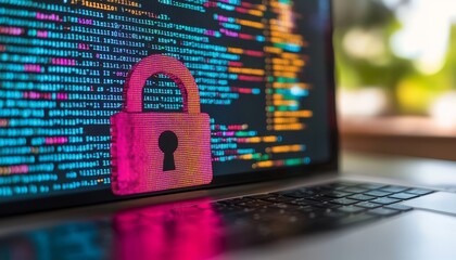 Secure Code Padlock Symbol Over Programming Code on Laptop Screen, Software Security Concept