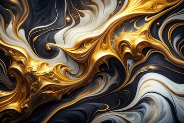Vibrant gold and white fluid abstract patterns swirl together on a luxurious black marble background, evoking a sense of modern opulence and sophisticated elegance.