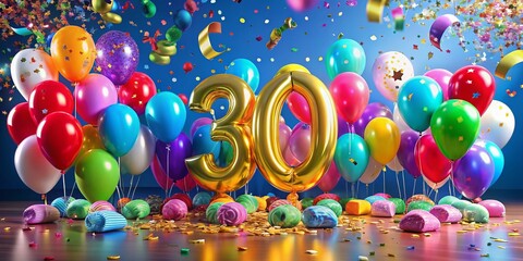 A vibrant and colorful celebratory scene featuring balloons, confetti, and a bold numerical decoration highlighting a