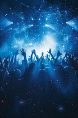 Energetic crowd with raised hands enjoying a live music performance under vibrant blue lights at an evening event