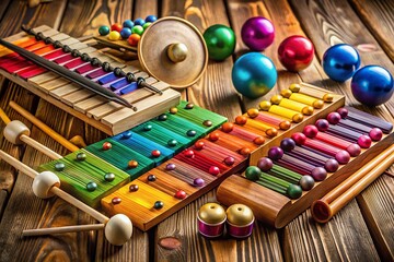 Naklejka premium A vibrant array of colorful idiophones, including xylophones, gongs, and metallophones, arranged artfully on a rustic