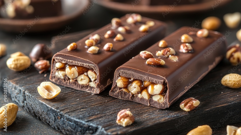 Poster chocolate bar with nuts on wooden board. this image features a close-up of a chocolate bar with nuts