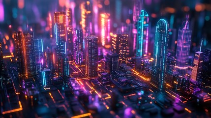 Obraz premium Dystopian Neon Cityscape: Power Dynamics, Technological Advancements, and Digital Surveillance in a Futuristic Environment