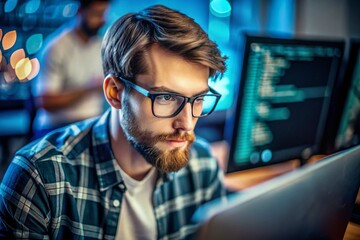 A vibrant close-up shot of a bespectacled male programmer intensely working on a computer, surrounded by code-filled