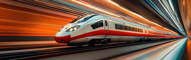 Fototapeta premium High-speed electric train moving through urban landscape
