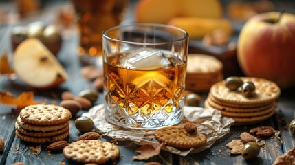 Autumn season. Rustic still life with whiskey and snacks. Crystal glass with a beautiful pattern on a wooden table. Snack for whiskey on crumpled paper olives, crackers, cheese, almonds, pear, apple.