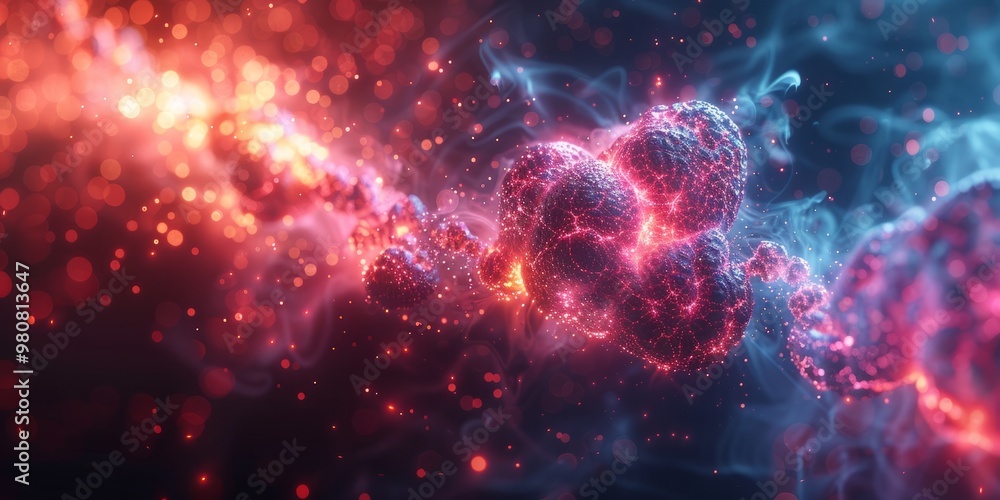 Poster abstract molecular structure with glowing particles and futuristic biotechnology, and nanotechnology