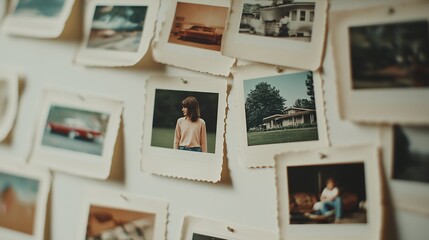 A Wall of Memories: Vintage Polaroid snapshots pinned to a wall, each photo a window to a cherished moment frozen in time, evoking nostalgia and the beauty of the past.