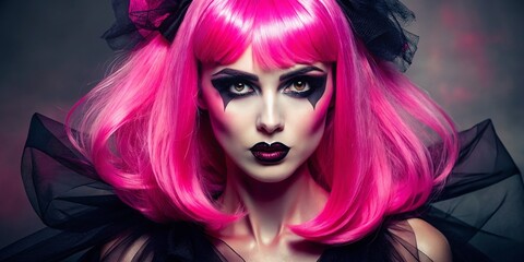 Obraz premium A vibrant pink wig adorns a woman's head, paired with a spooky-chic Halloween costume featuring a black tutu
