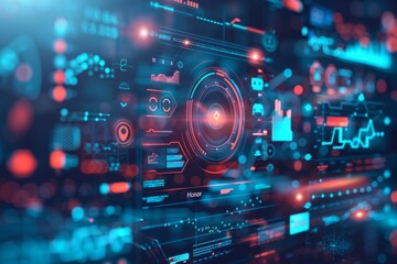 Obraz premium Digital interface displaying data visualizations and analytics in a futuristic setting with vibrant blue and red hues