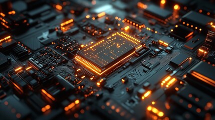 Obraz premium Futuristic Circuit Board with Glowing Orange Lines Futuristic Circuit Board with Glowing Orange Lines