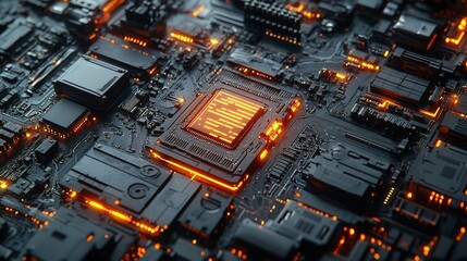 Fototapeta premium Futuristic Circuit Board with Glowing Orange Lines Futuristic Circuit Board with Glowing Orange Lines