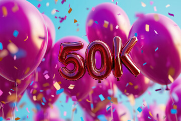 festive  followers celebration  with red 50k  foil balloons amidst colorful confetti and balloons