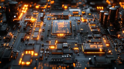 Futuristic Circuit Board with Glowing Orange Lines Futuristic Circuit Board with Glowing Orange Lines