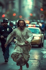 Obraz premium A dramatic encounter unfolds as a man in a flowing robe runs through a busy urban street with police in pursuit during twilight hours