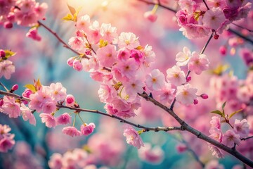 Fototapeta premium Delicate pink cherry blossoms unfurl on branches, softly blending with gentle watercolor hues, creating a serene and dreamy springtime atmosphere.