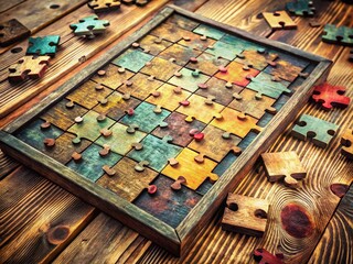 A vintage wooden board game board with worn edges and faded colors, showcasing a classic puzzle with interlocking