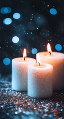 Two lit candles glowing softly against a blurred background with twinkling lights at night