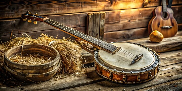 A vintage wooden banjo with weathered strings and intricate inlays rests on a rustic wooden table, surrounded by