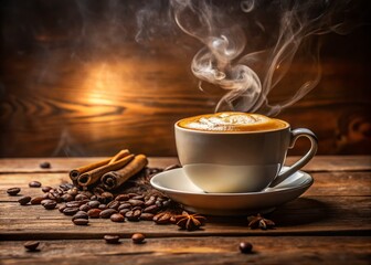 Fototapeta premium A warm and inviting cup of steaming hot coffee with a rich aroma and creamy foam, perfectly lit