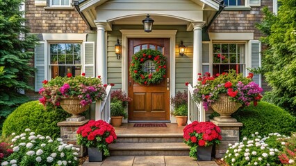 A warm and inviting exterior view of a traditional suburban home's front door, adorned with seasonal decorations and