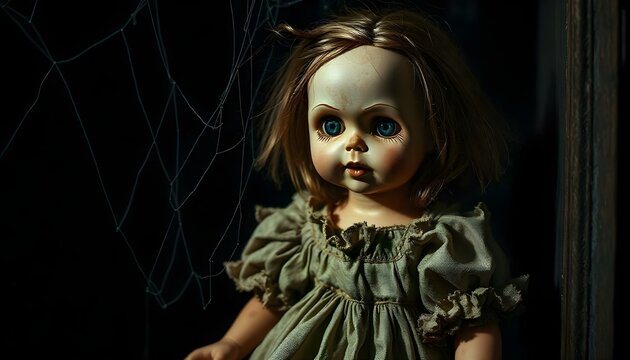 Fear of the dark concept, a creepy doll appears menacing in a darkened room