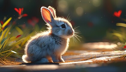 Obraz premium Cute little bunny, anime 3D style, hyper-realistic oil painting rabbit in the grass 