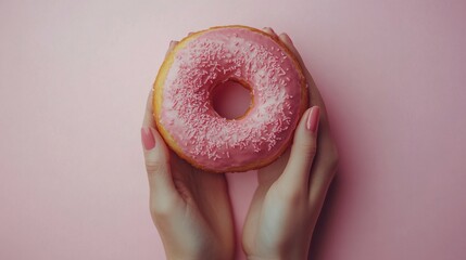 A person holds a pink frosted donut with sprinkles against a soft pink background