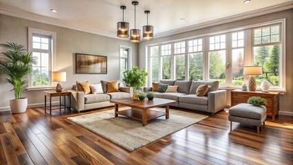 Fototapeta premium A well-lit, clutter-free living room with minimal decor, showcasing a beautiful wooden floor, emphasizing the