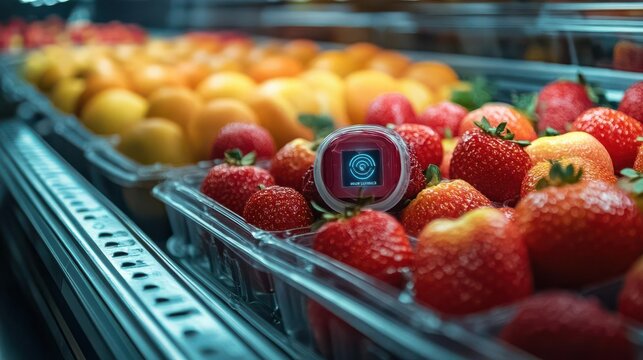 Craft a digitally-enhanced image showcasing a sensor up close, ensuring the freshness of fruits in smart packaging, where food technology meets practicality