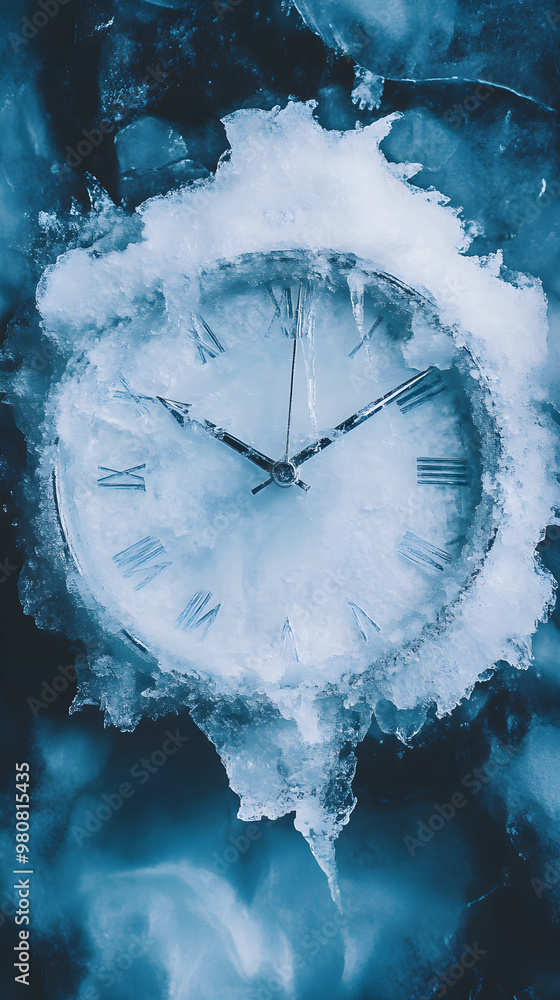 Poster a clock covered with ice symbolizes moments frozen in time, showcasing the intricate details of fros