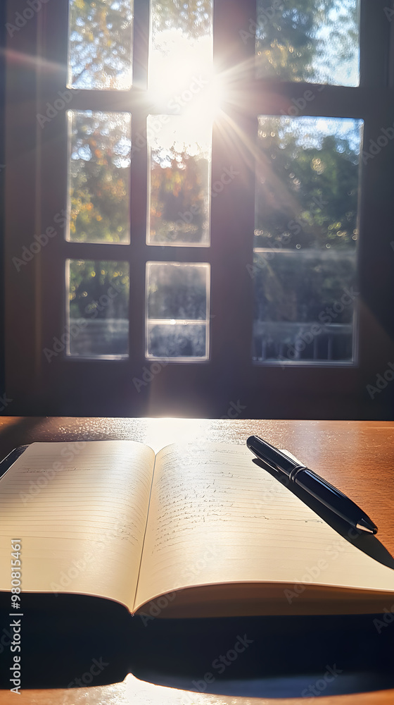 Poster a journal and pen on a table with sunlight streaming through a window illuminating the scene and cre