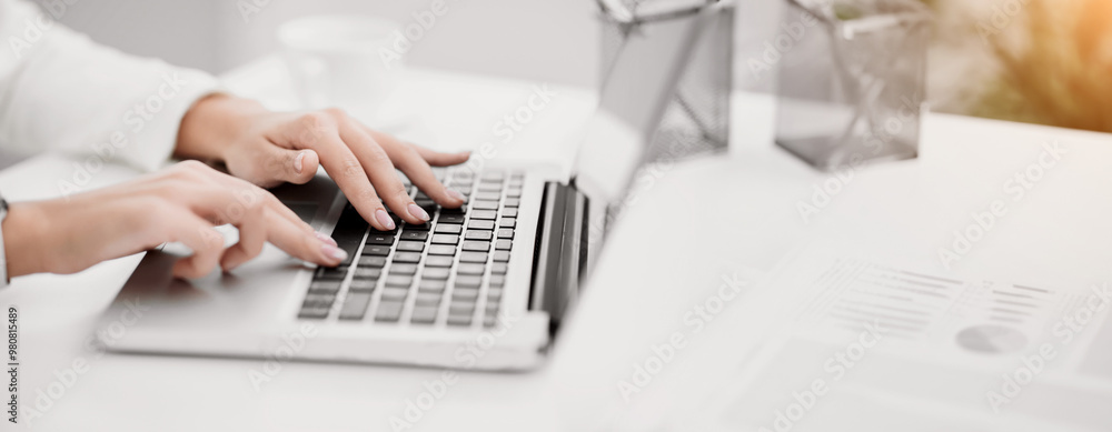 Poster Job Search. Side view of unrecognizable girl using laptop, finding work projects online. Selective focus, empty space