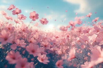 dreamlike field of wildflowers with petals dancing on breeze soft focus and ethereal lighting create magical atmosphere romantic nature photography