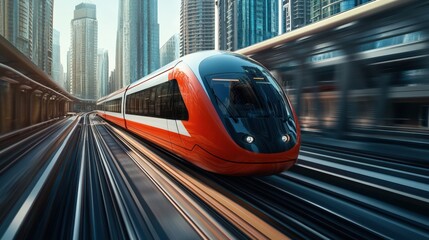 Fototapeta premium High-speed electric train moving through urban landscape