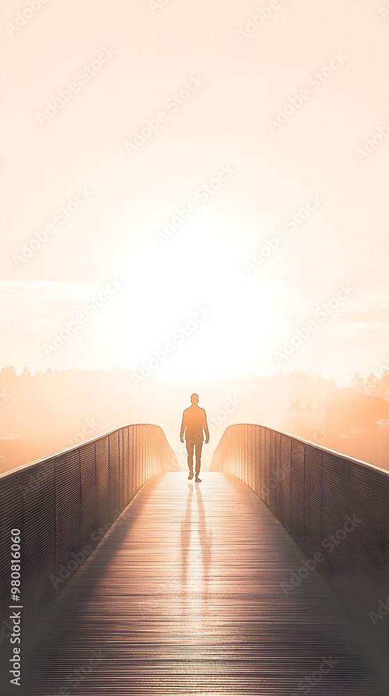 Poster a person walks across a bridge illuminated by sunlight creating a serene and ethereal atmosphere