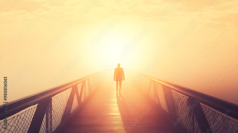 Poster a person walking across a bridge illuminated by soft light creates a serene and contemplative atmosp