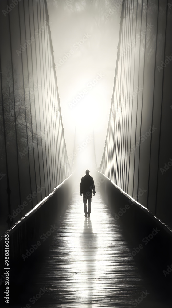 Poster a person walks across a bridge enveloped in soft light and mist, creating a serene and mysterious at