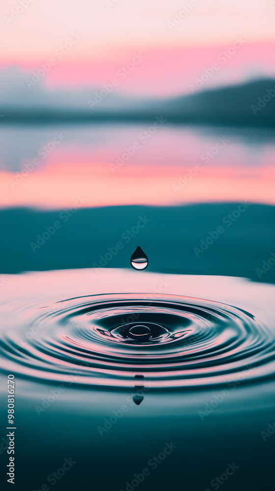 Poster a single drop of water creates ripples in a serene pool reflecting soft colors of twilight