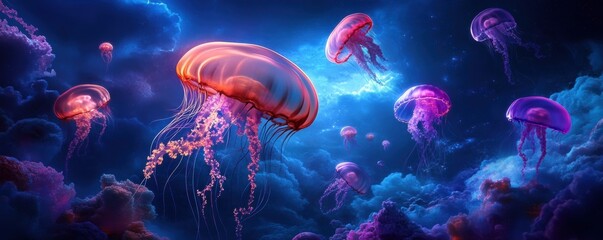 A vibrant sky teeming with floating jellyfish-like creatures glowing in radiant colors
